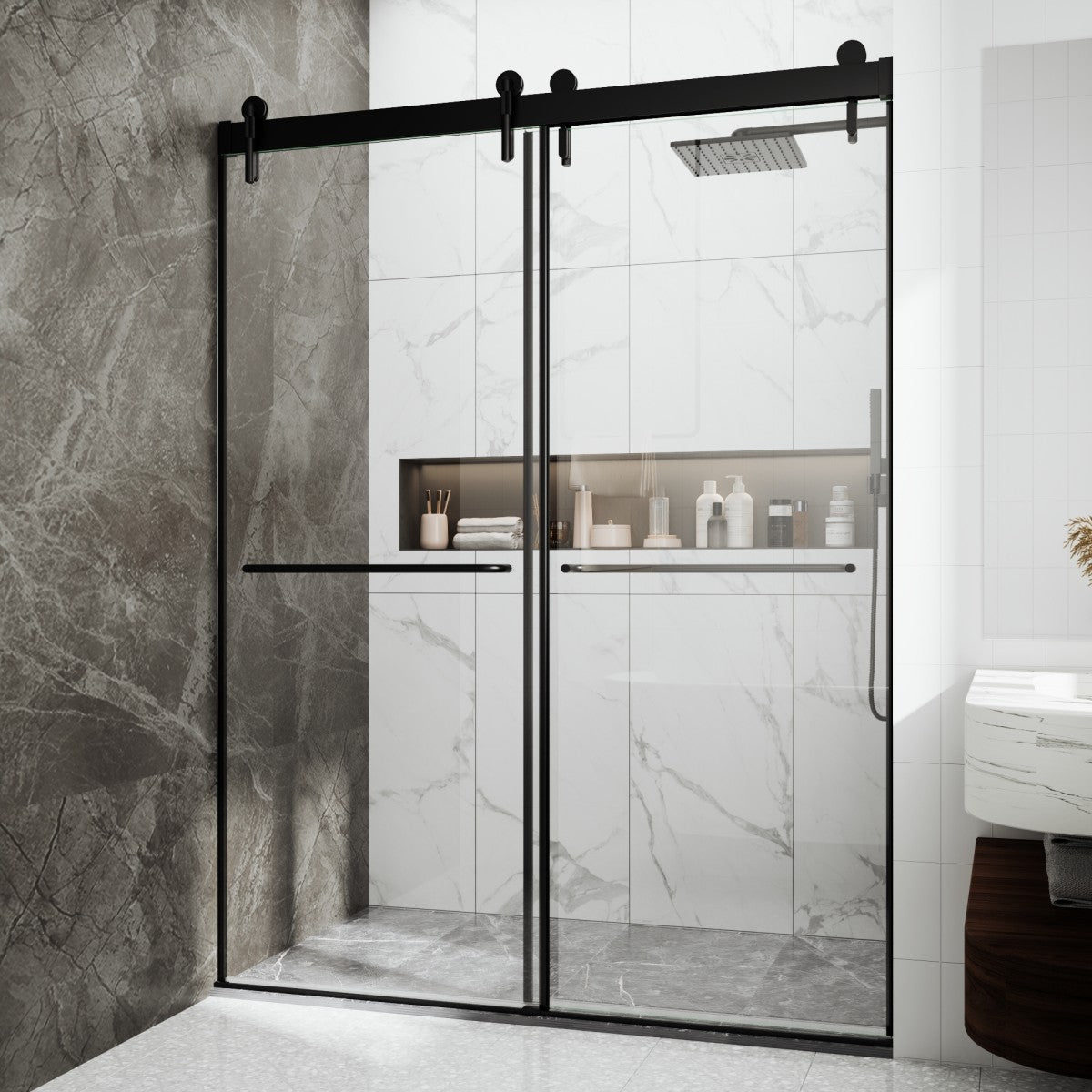 Side view of closed sliding glass shower door semi-frameless, showing sleek profile and space-efficient design in marble bathroom setting.