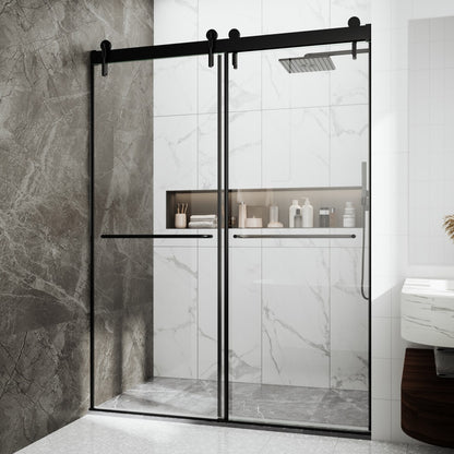Side view of closed sliding glass shower door semi-frameless, showing sleek profile and space-efficient design in marble bathroom setting.
