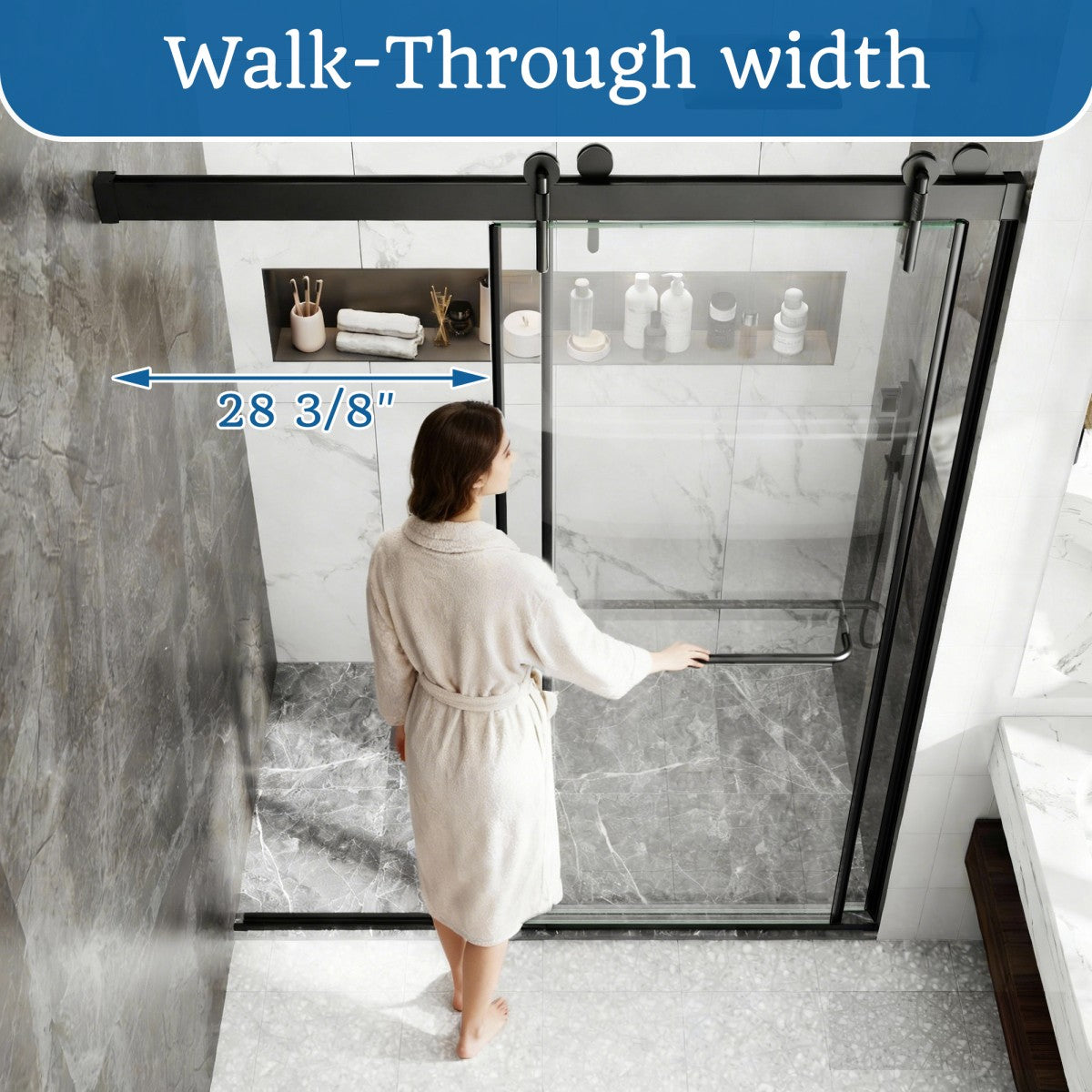 Woman demonstrating 28-3/8" wide walk-through entry of sliding glass shower door, easy access for all family members.
