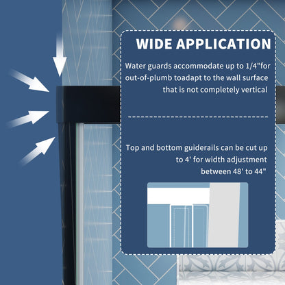 Glide 44-48" Wide x 70" High Sliding Glass Shower Doors Frame in Black,Clear Tempered Glass