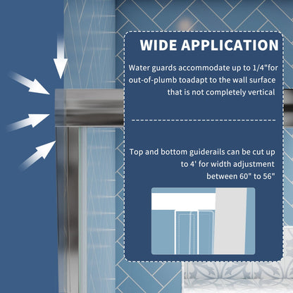 Sliding glass shower doors with wide application feature, adjustable water guards, and guide rails for 60" to 56" width.
