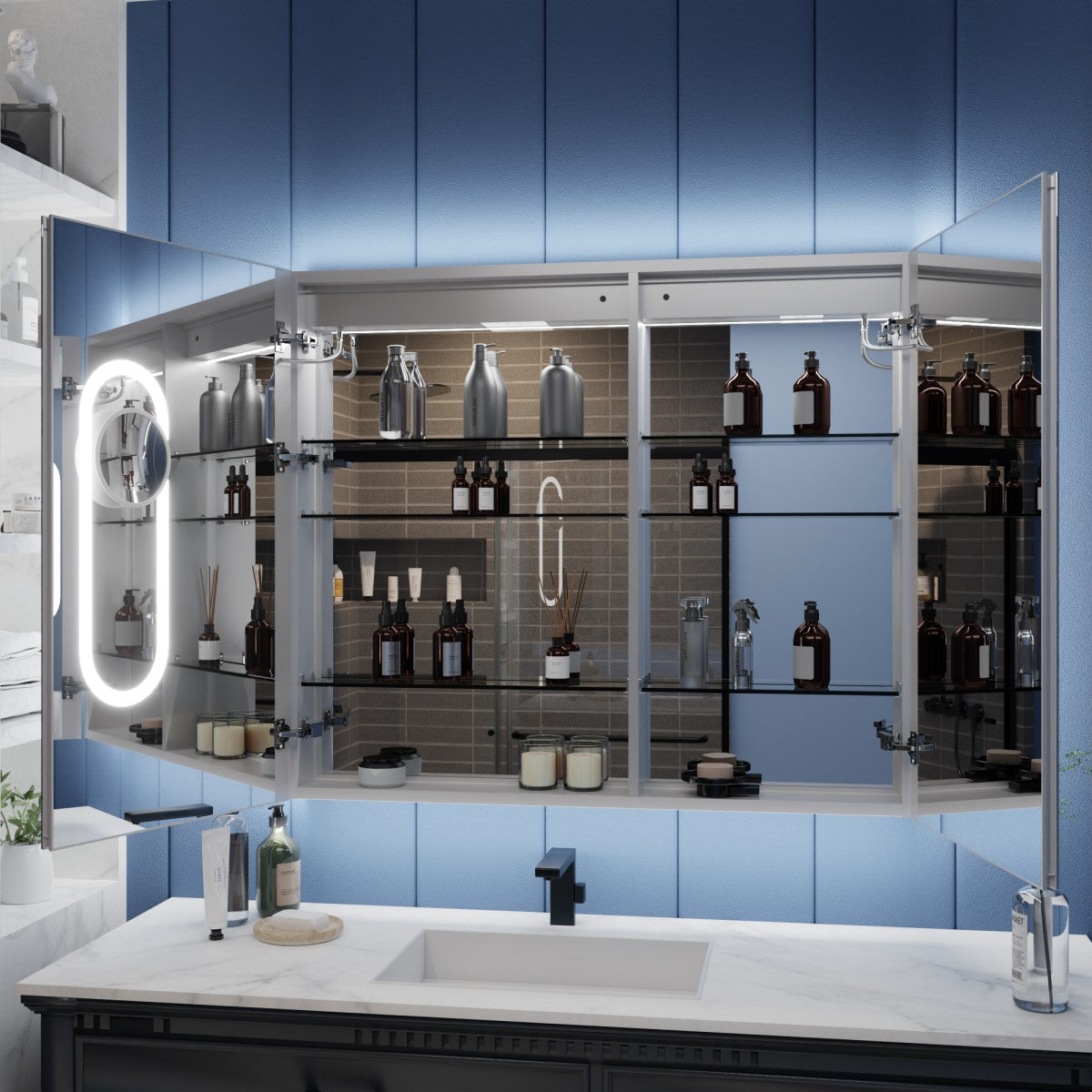 Illusion-B 42" x 36" LED Lighted Inset Mirrored Medicine Cabinet with Magnifiers Front and Back Light