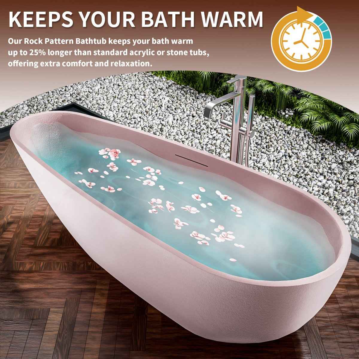 Allsumhome RockE 59" Imitation Natural Stone Freestanding Bathtub,Stone Touch,Pink,Scratch-proof,cUPC Certified,No Drain