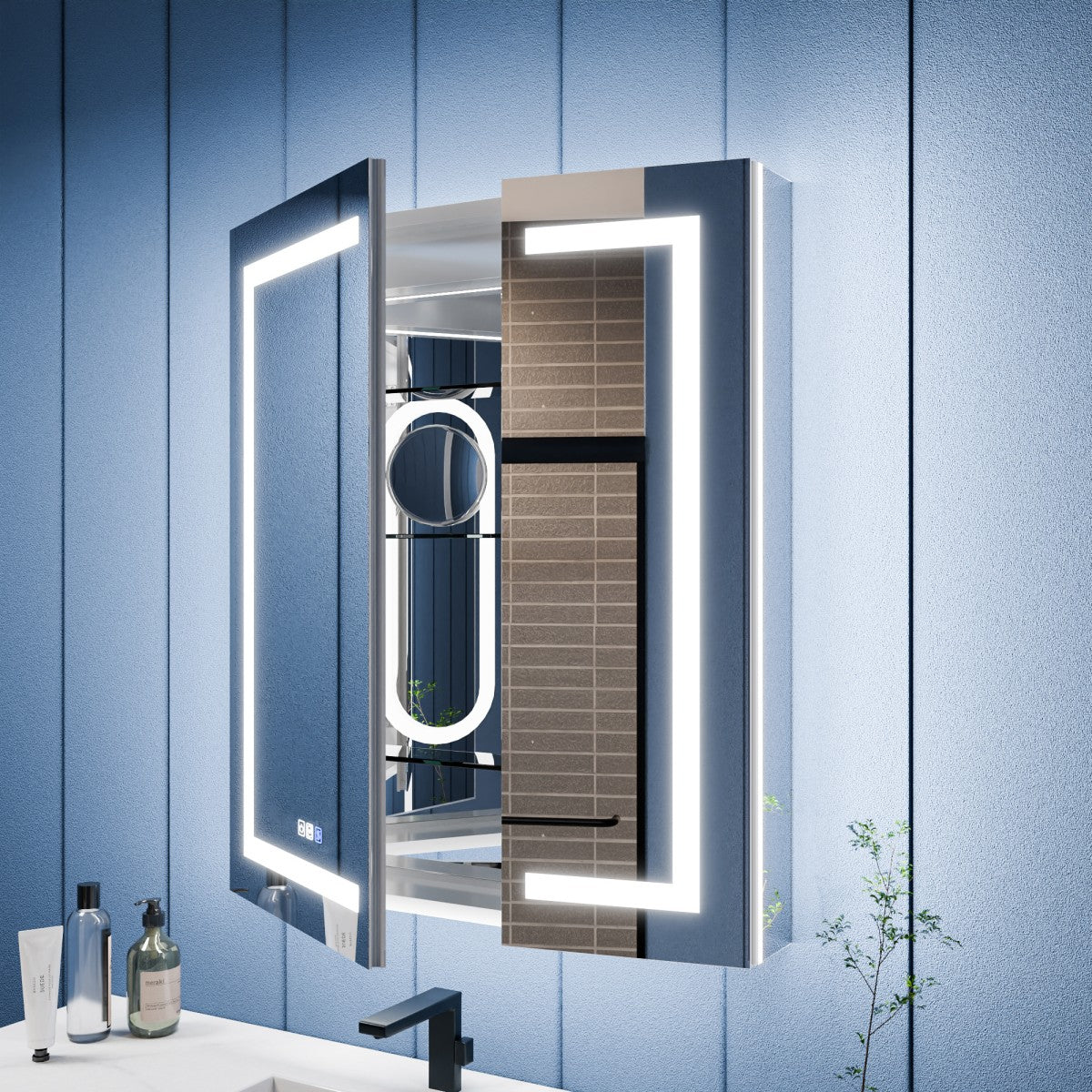 Illusion-B 42" x 36" LED Lighted Inset Mirrored Medicine Cabinet with Magnifiers Front and Back Light