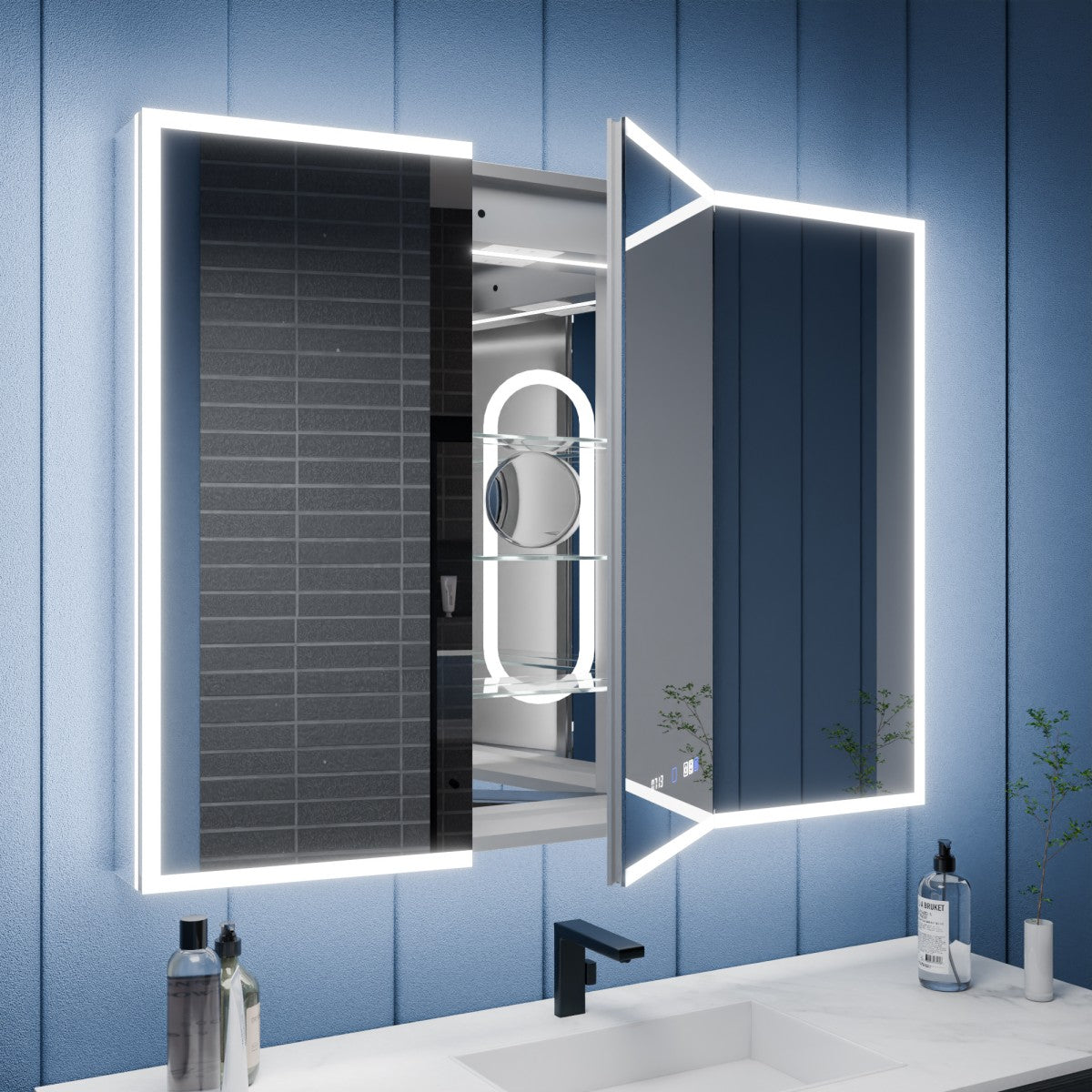Illusion 48" x 36" LED Lighted Medicine Cabinet with Magnifiers Front and Back Light-with Clock