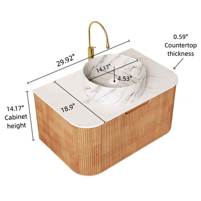 ExBrite DN 30' Bathroom Vanity & Sink, Wall-Mounted Floating Curved Edges Striped Bathroom Storage Cabinet with Drawer, White Round Ceramic Basin with Stone Pattern, Pre-assembled, Natural Woodgrain Color