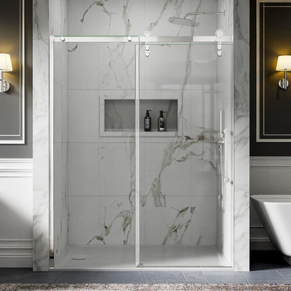 56-60" x 76" Frameless Chrome Glass Sliding Shower Door with Fixed Glass Left | ExBrite Elysian-R Series, Easy Clean