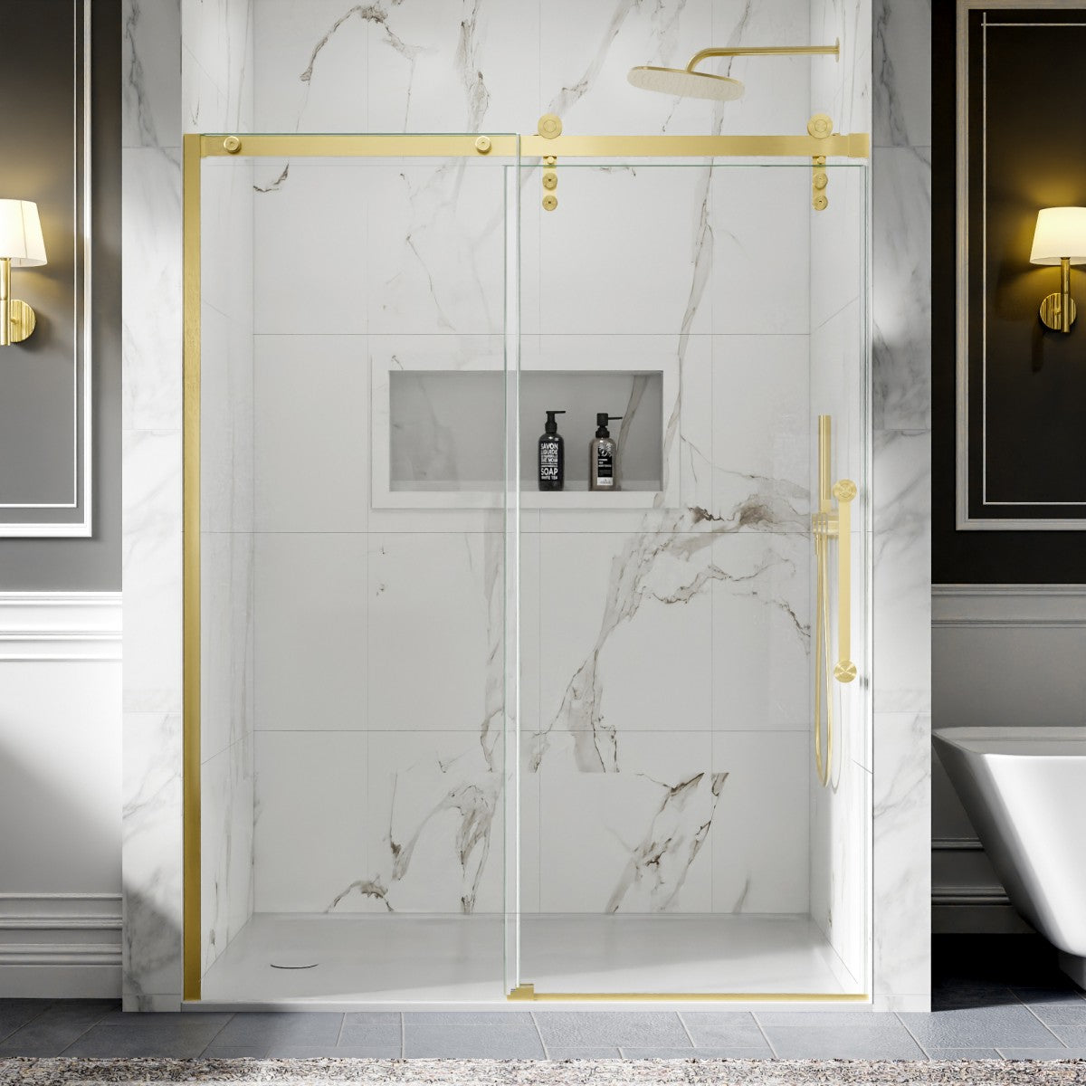 56-60" x 76" Frameless Sliding Shower door,Brushed Gold,Easy clean,Fixed Glass Left|ExBrite Elysian-R Series