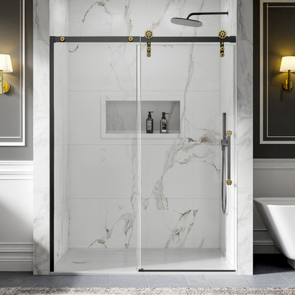 56-60" x 76" Frameless Sliding Shower Doors in Black Gold - Easy Clean Fixed Glass Left | ExBrite Elysian-F Series