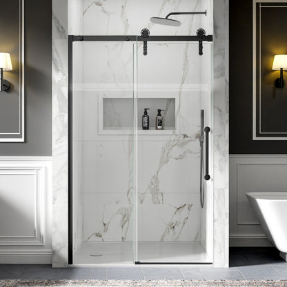 44-48" x 76" Frameless Sliding Shower door,Matte Black,Easy clean,Fixed Glass Left|ExBrite Elysian-F Series