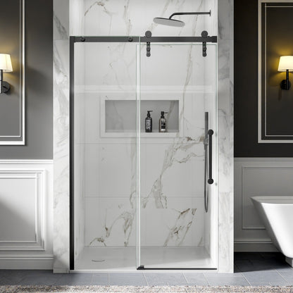 56-60" x 76" Shower Doors Sliding Frameless, Matte Black | ExBrite Elysian-R Series