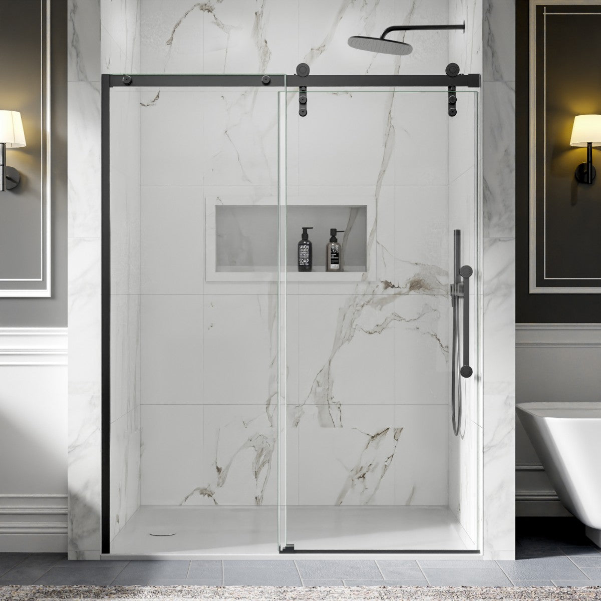 56-60" x 76" Shower Doors Sliding Frameless, Matte Black | ExBrite Elysian-R Series