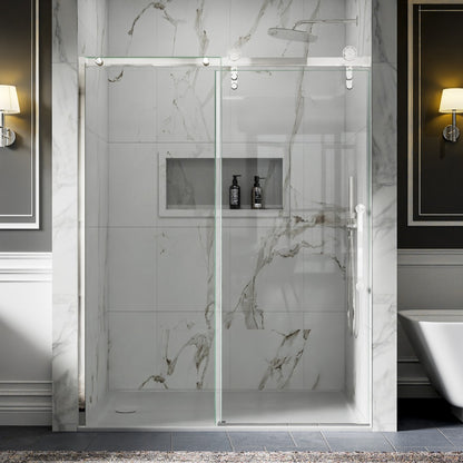 56-60" x 76" Frameless Sliding Shower Glass Sliding Doors, Chrome, Easy Clean, Fixed Glass Left | ExBrite Elysian-F Series