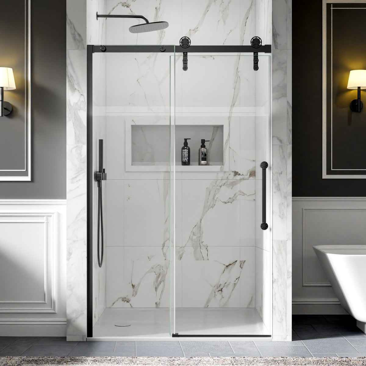 44-48" x 76" Frameless Sliding Shower door,Matte Black,Easy clean|ExBrite Elysian-S Series