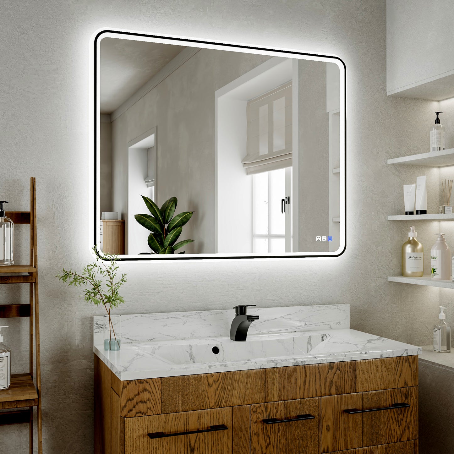 Lumina 40" W x 32" H LED Lighted Bathroom Mirror,High Illuminate, Inner & Outer Lighting,Anti-Fog, Dimmable,Black Frame with Rounded Corners