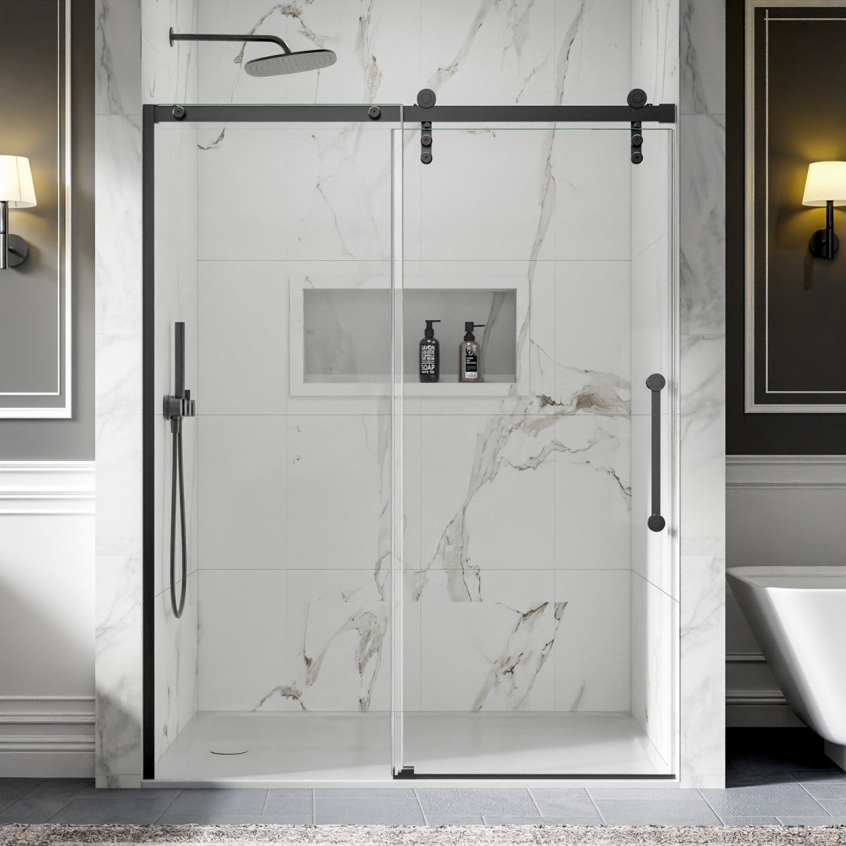 56-60" x 76" Frameless Sliding Shower door,Matte Black,Easy clean,Fixed Glass Left|ExBrite Elysian-R Series