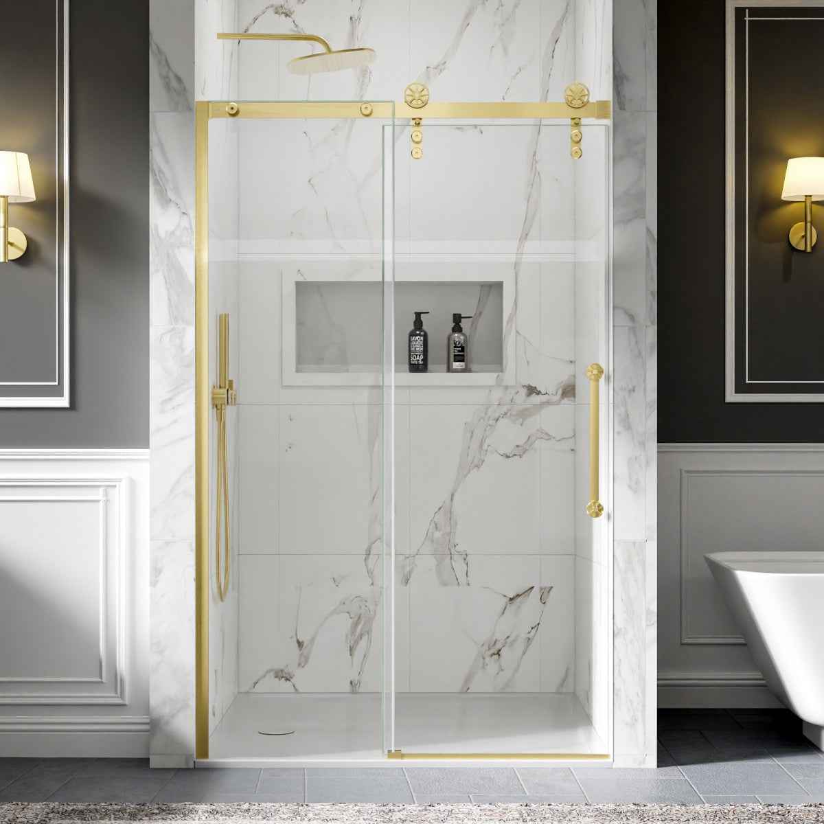 44-48" x 76" Frameless Sliding Shower door,Brushed Gold,Easy clean|ExBrite Elysian-S Series