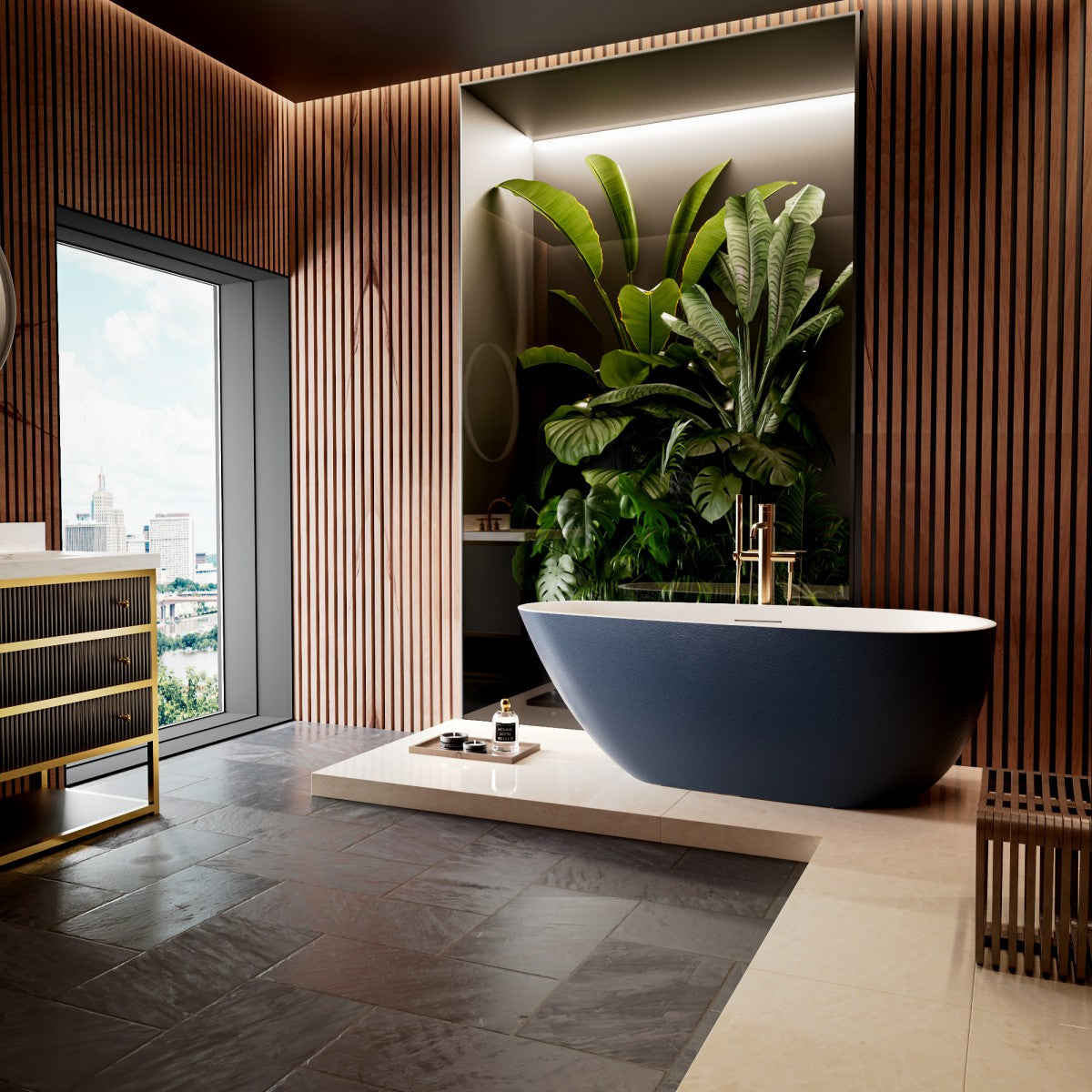 Allsumhome RockE 59" Imitation Natural Stone Freestanding Bathtub,Stone Touch,Prussian Blue,Scratch-proof,cUPC Certified