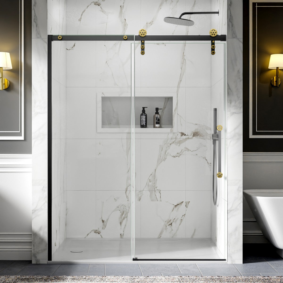 56-60" x 76" Black Gold Frameless Showers Door - Easy Clean Fixed Glass Left | ExBrite Elysian-S Series