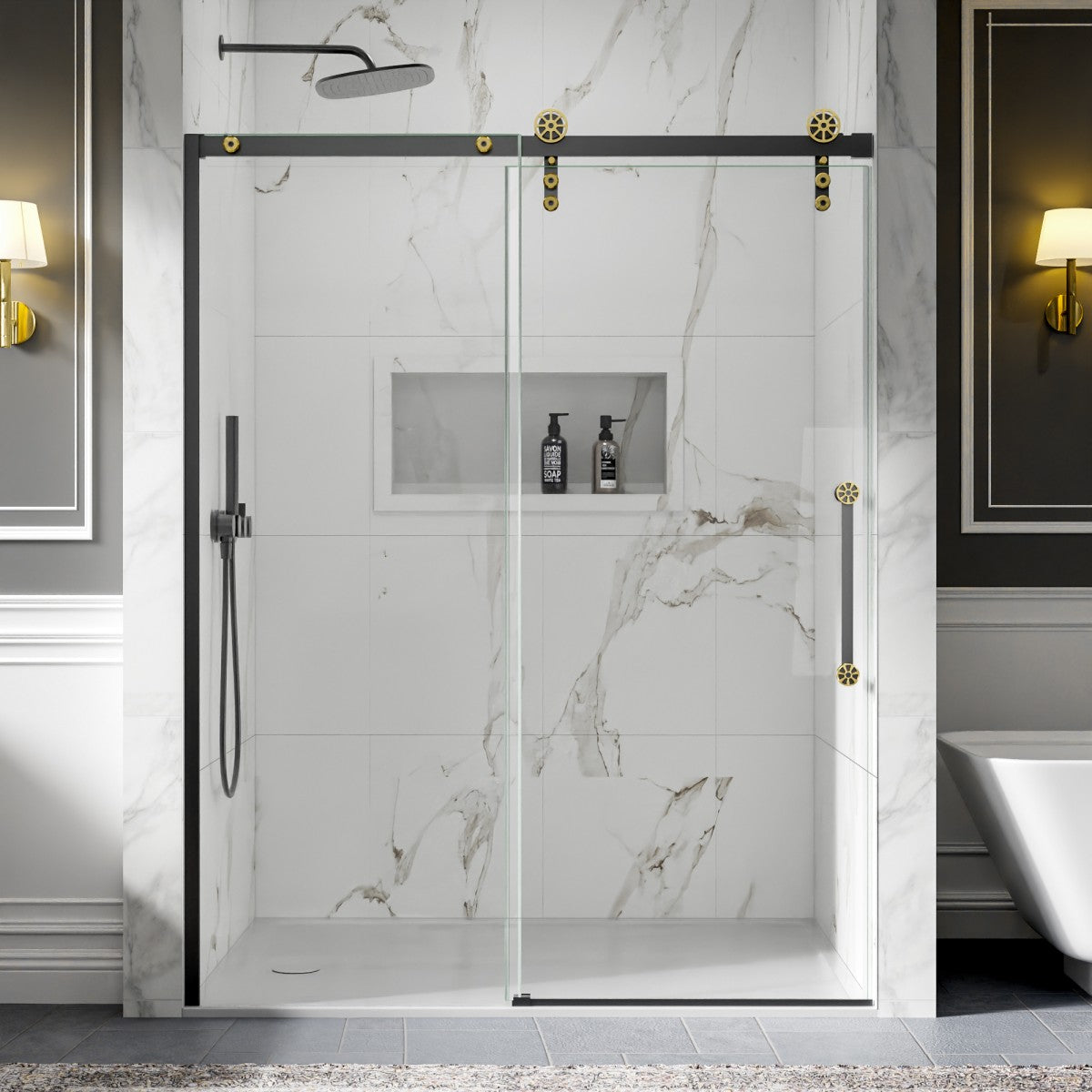 56-60" x 76" Frameless Sliding Shower door,Black Gold,Easy clean,Fixed Glass Left|ExBrite Elysian-F Series