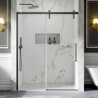 56-60" x 76" Frameless Sliding Shower door,Black Gold,Easy clean,Fixed Glass Left|ExBrite Elysian-F Series