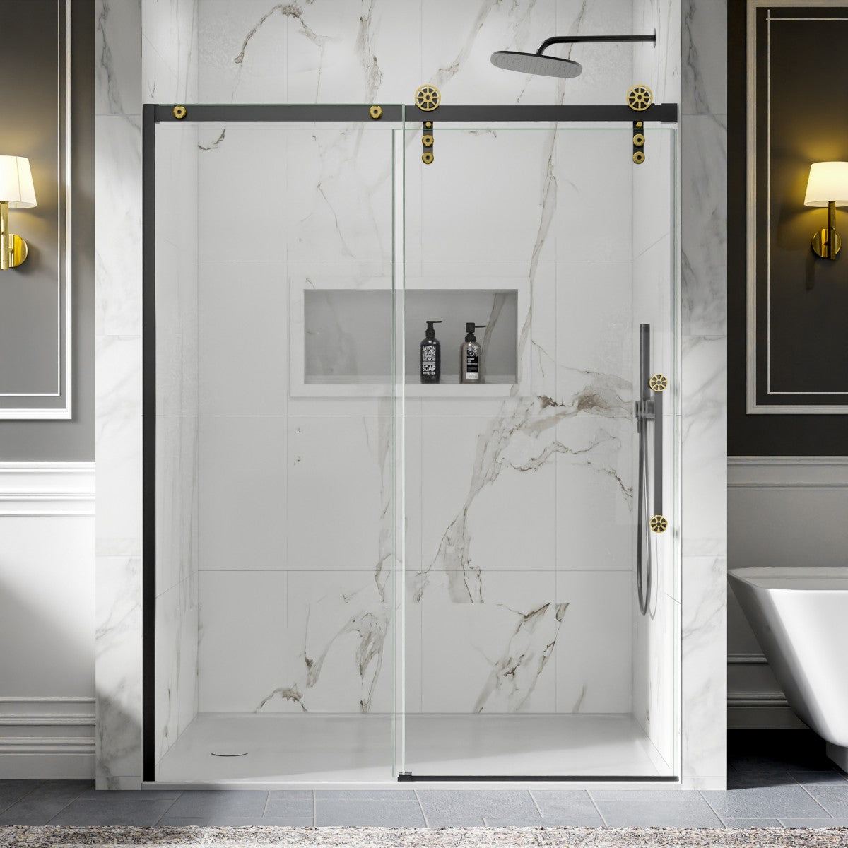 56-60" x 76" Frameless Sliding Shower Doors in Black Gold - Easy Clean Fixed Glass Left | ExBrite Elysian-F Series