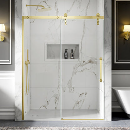 56-60" x 76" Frameless Sliding Shower door,Brushed Gold,Easy clean,Fixed glass left|ExBrite Elysian-S Series