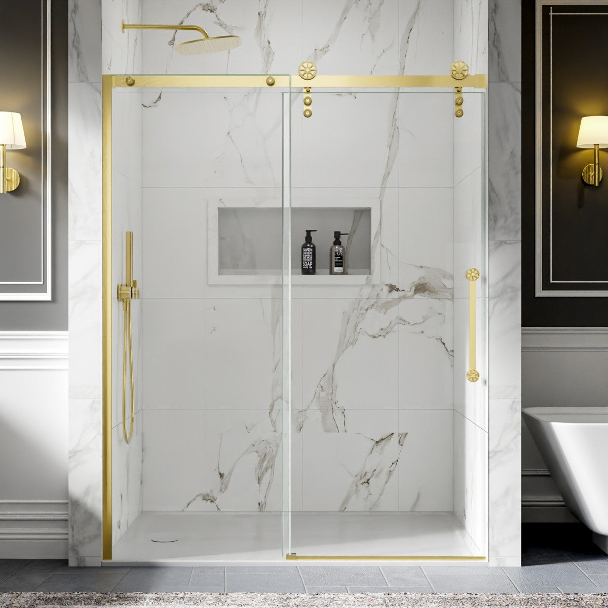 56-60" x 76" Frameless Sliding Shower door,Brushed Gold,Easy clean,Fixed Glass Left|ExBrite Elysian-F Series