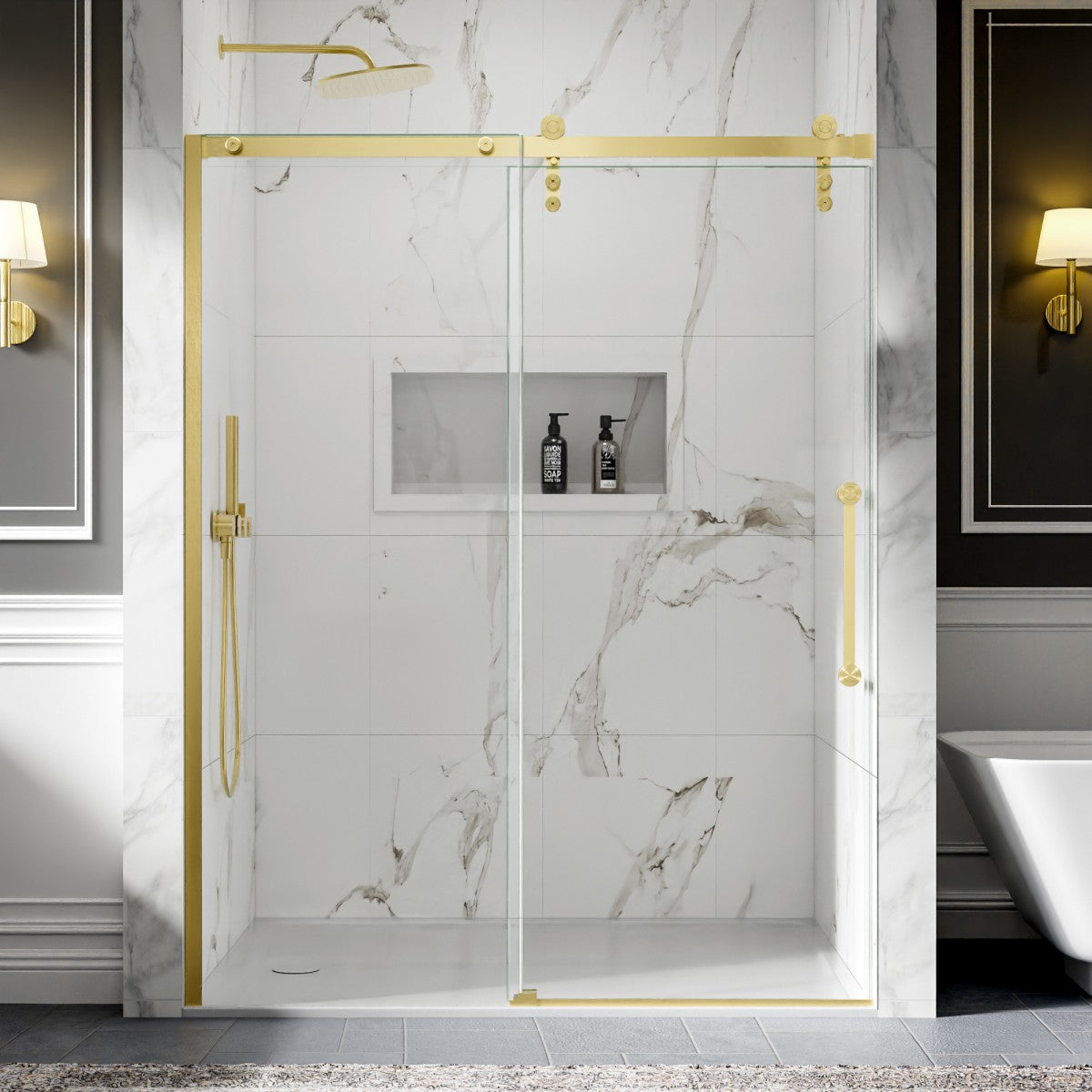 56-60" x 76" Frameless Sliding Shower door,Brushed Gold,Easy clean,Fixed Glass Left|ExBrite Elysian-R Series