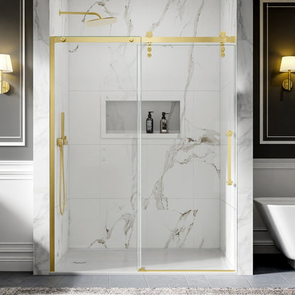 56-60" x 76" Frameless Sliding Shower door,Brushed Gold,Easy clean,Fixed Glass Left|ExBrite Elysian-R Series