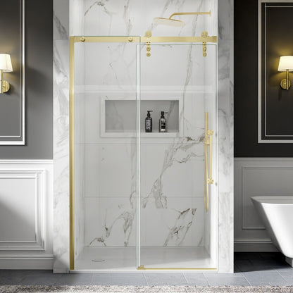 Shower Doors Sliding, 44-48"x76" Frameless Door Brushed Gold | ExBrite Elysian-R Series