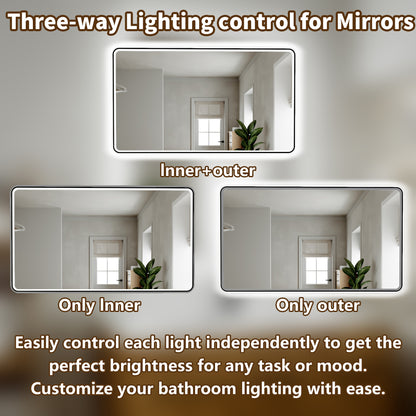 Lumina 55" W x 36" H LED Lighted Bathroom Mirror,High Illuminate,Inner and Outer Lighting,Anti-Fog,Dimmable,Black Frame with Rounded Corners