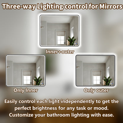 Lumina 40" W x 32" H LED Lighted Bathroom Mirror,High Illuminate, Inner & Outer Lighting,Anti-Fog, Dimmable,Black Frame with Rounded Corners