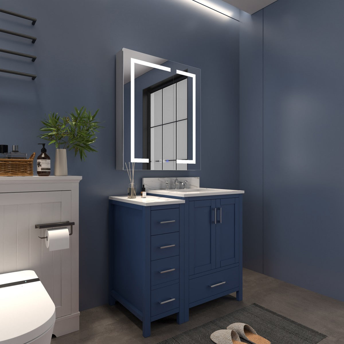 Boost-M2 30" W x 32" H Bathroom Light Medicine Cabinets Recessed or Surface Defogger, Dimmer, Outlets & USB
