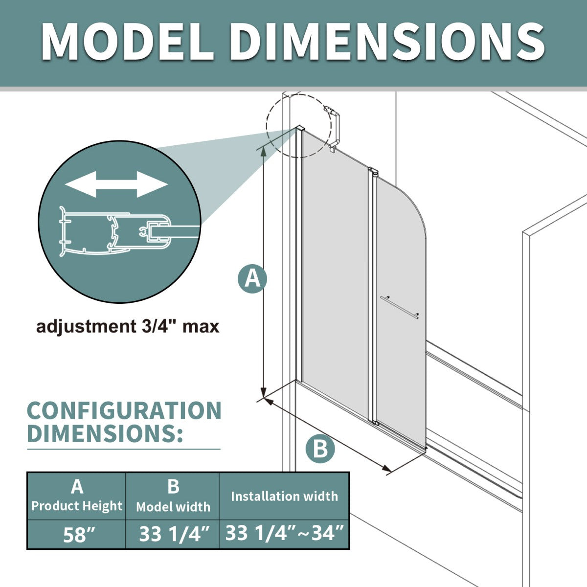 Classy-LB 33.2-34" x 58" Bathtub Screen Panel Pivot Swing Shower Door for Bathtub 180° Pivot 6mm Tempered Glass,Black