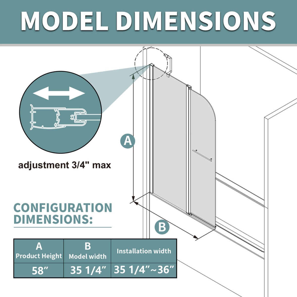 Classy-LB 35.2-36" x 58" Bathtub Screen Panel Pivot Swing Shower Door for Bathtub 180° Pivot 6mm Tempered Glass,Black