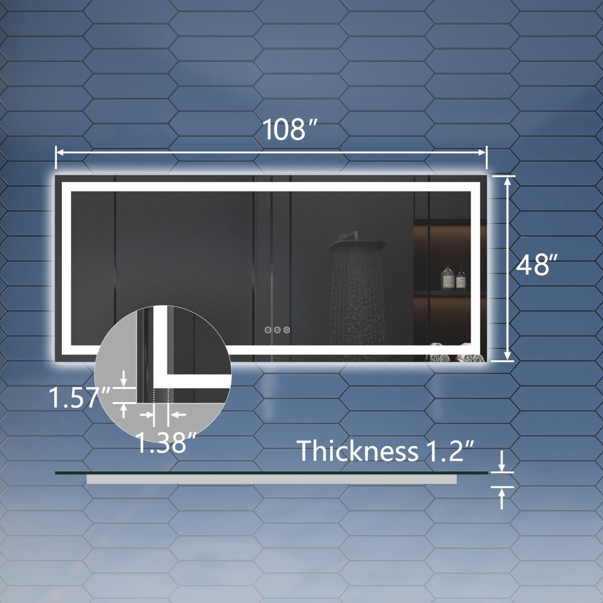 108" W x 48" H Lighted Bathroom Large Light Led Mirror,Anti Fog,Dimmable,Three Lighting Modes|Apex