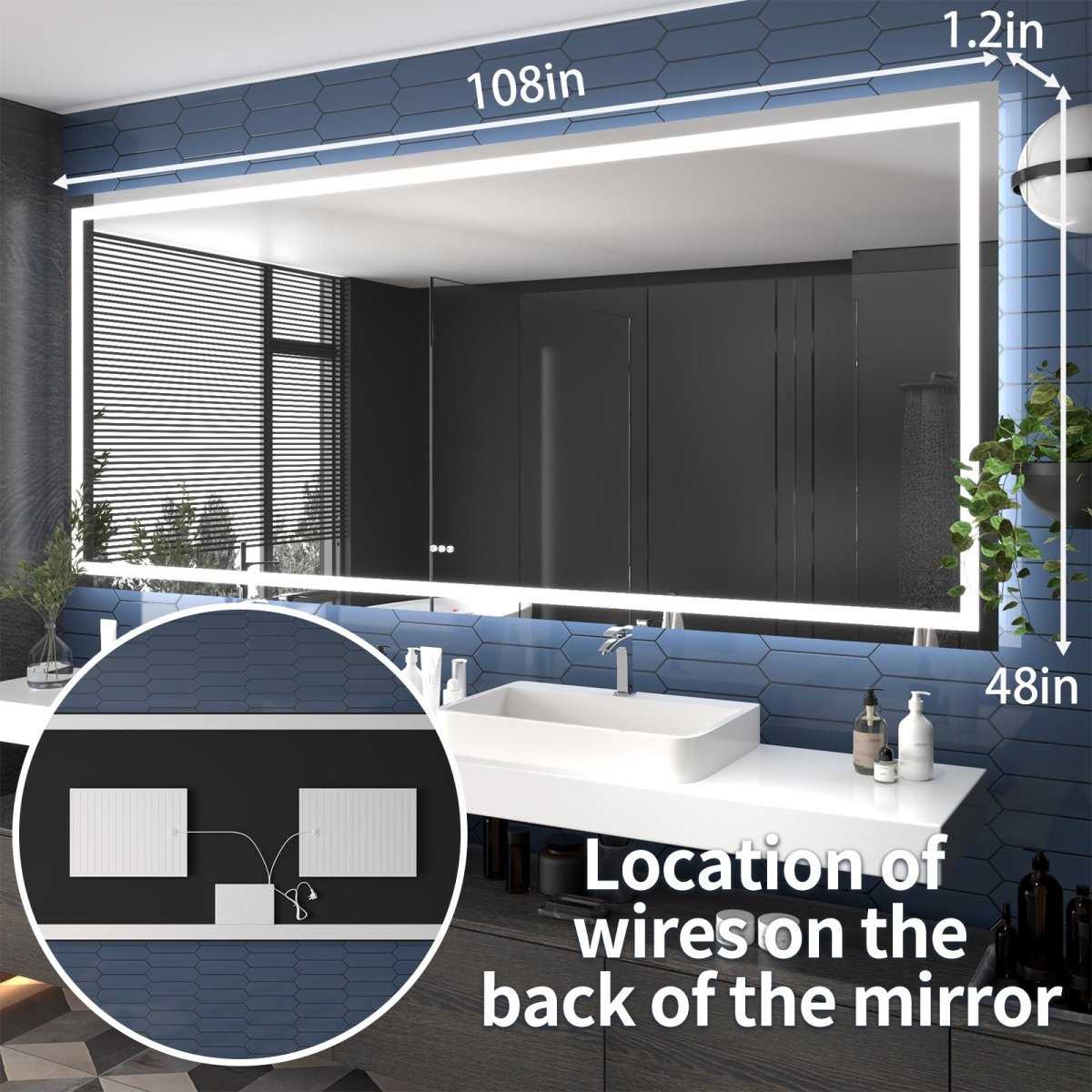 108" W x 48" H Lighted Bathroom Large Light Led Mirror,Anti Fog,Dimmable,Three Lighting Modes|Apex