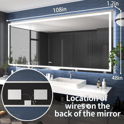 108" W x 48" H Lighted Bathroom Large Light Led Mirror,Anti Fog,Dimmable,Three Lighting Modes|Apex