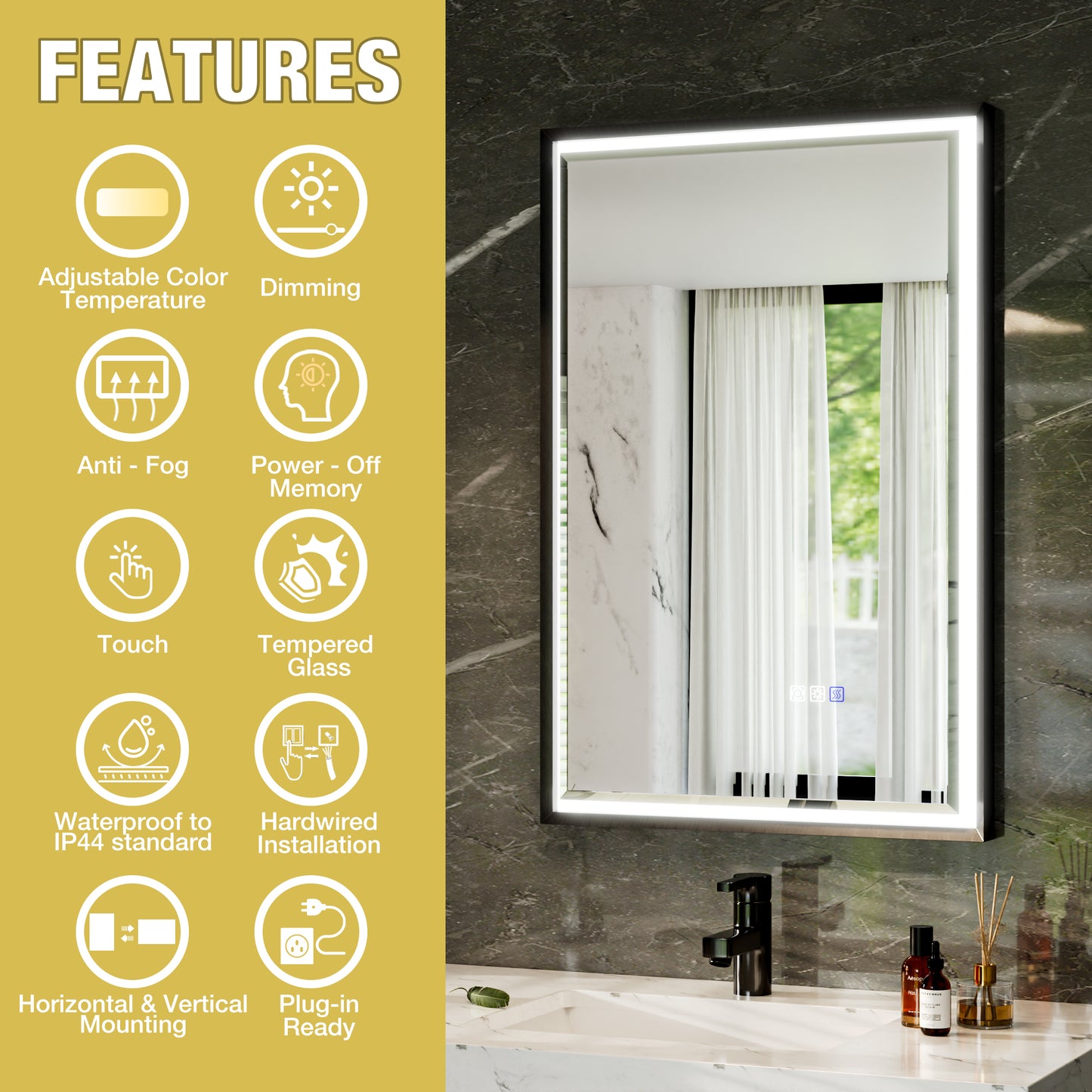 Verloar 22" W x 34" H Dimmable Lighted Bath Mirror with Light, Anti Fog and Matte Black Frame