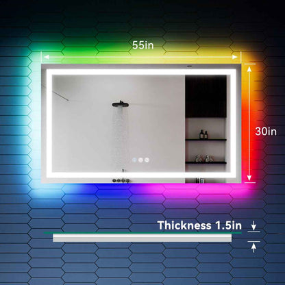 55"x 30" RGB Smart LED Bathroom Mirror–Color Changing Backlit Mirror with Anti-Fog & Dimmable Touch Control|Exbrite DYLUX
