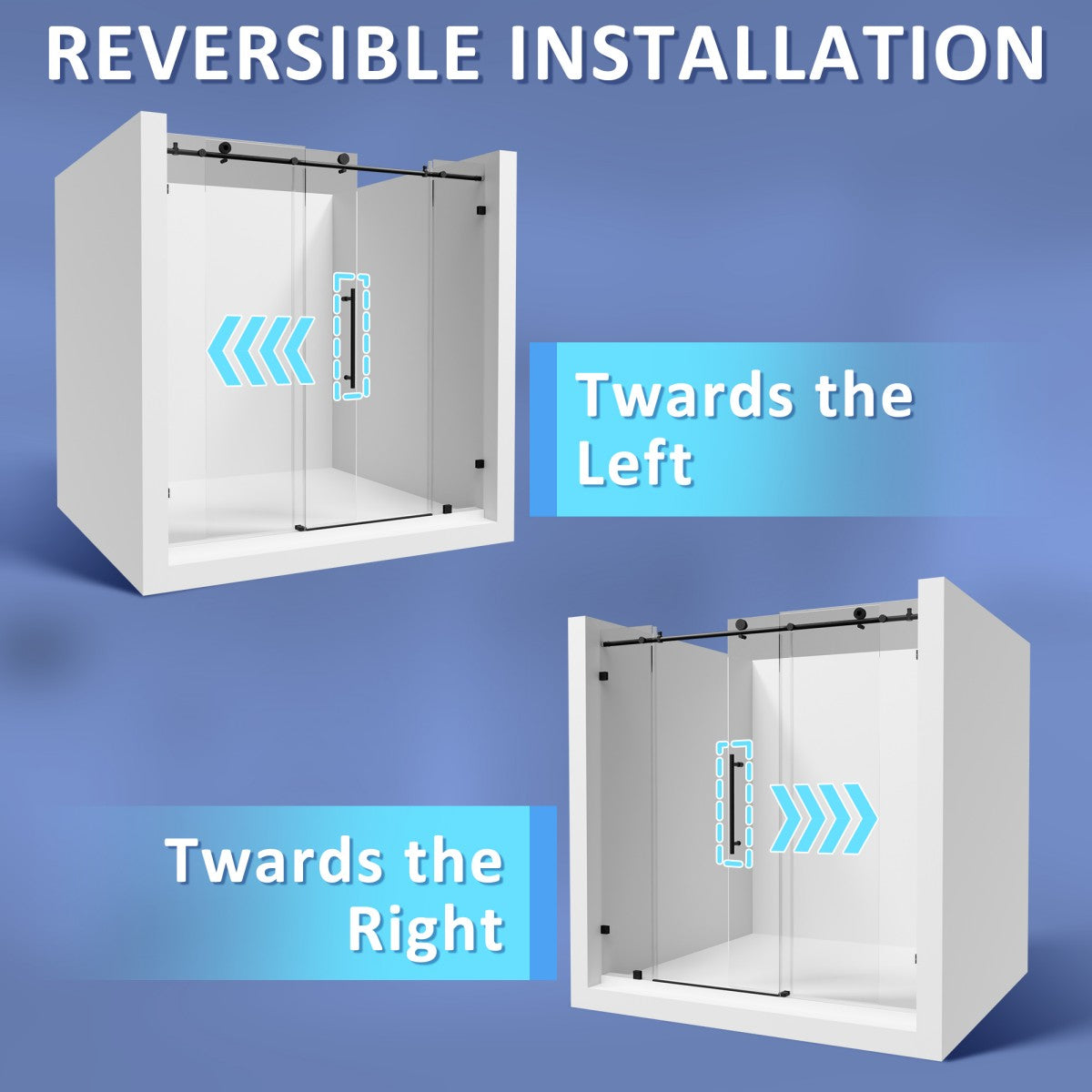 Reversible installation of a shower enclosure with directions on a blue background