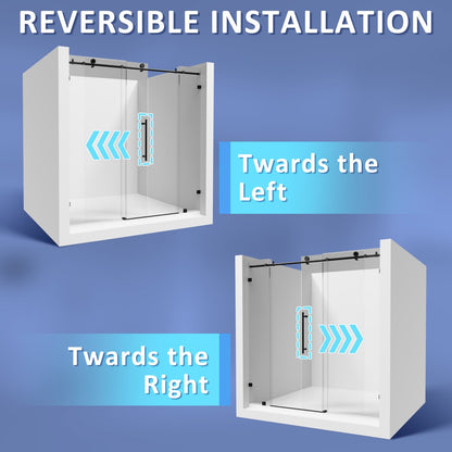 Reversible installation of a shower enclosure with directions on a blue background