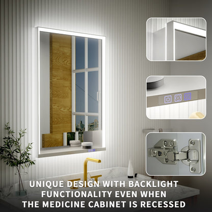 Ample 24" W x 36" H LED Lighted Chrome Bathroom Medicine Cabinet with Mirror and Shelves, Right Hinge for Recessed or Surface Mount