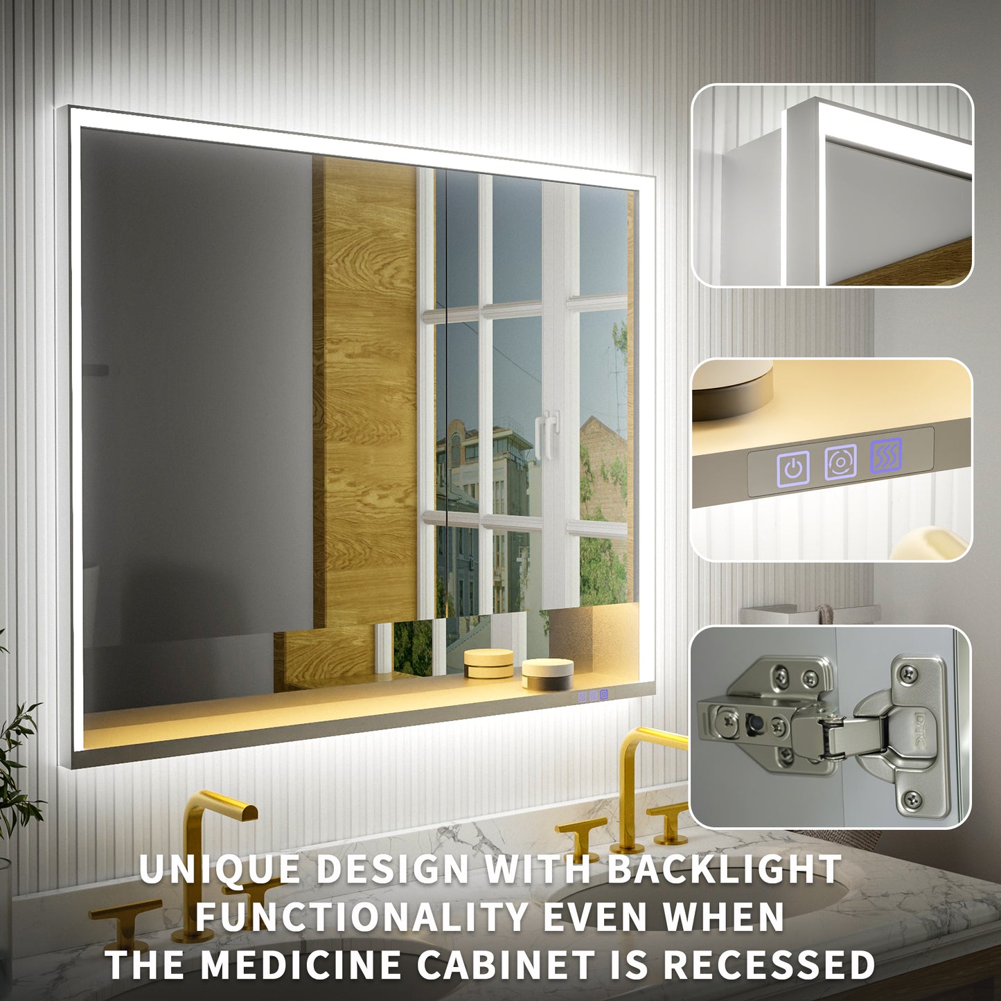 Ample 42" W x 36" H LED Lighted Chrome Medicine Cabinet with Mirror and Shelves for Bathroom Recessed or Surface Mount