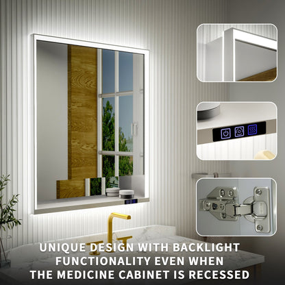 Ample 30" W x 36" H Contemporary Medicine Cabinet with LED Light, Mirror, and Shelves for Bathroom Recessed or Surface Mount