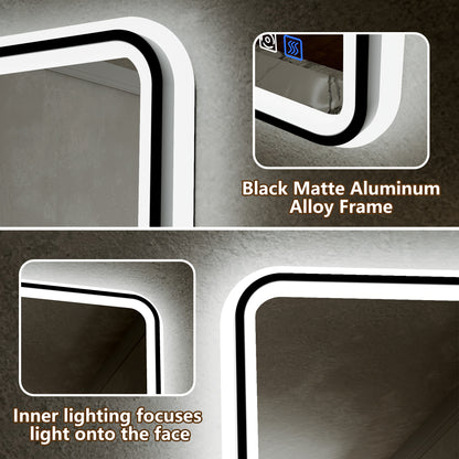 Lumina 40" W x 32" H LED Lighted Bathroom Mirror,High Illuminate, Inner & Outer Lighting,Anti-Fog, Dimmable,Black Frame with Rounded Corners