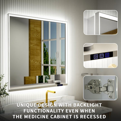 Ample 36" W x 36" H LED Lighted Chrome Medicine Cabinet with Mirror and Shelves for Bathroom Recessed or Surface Mount