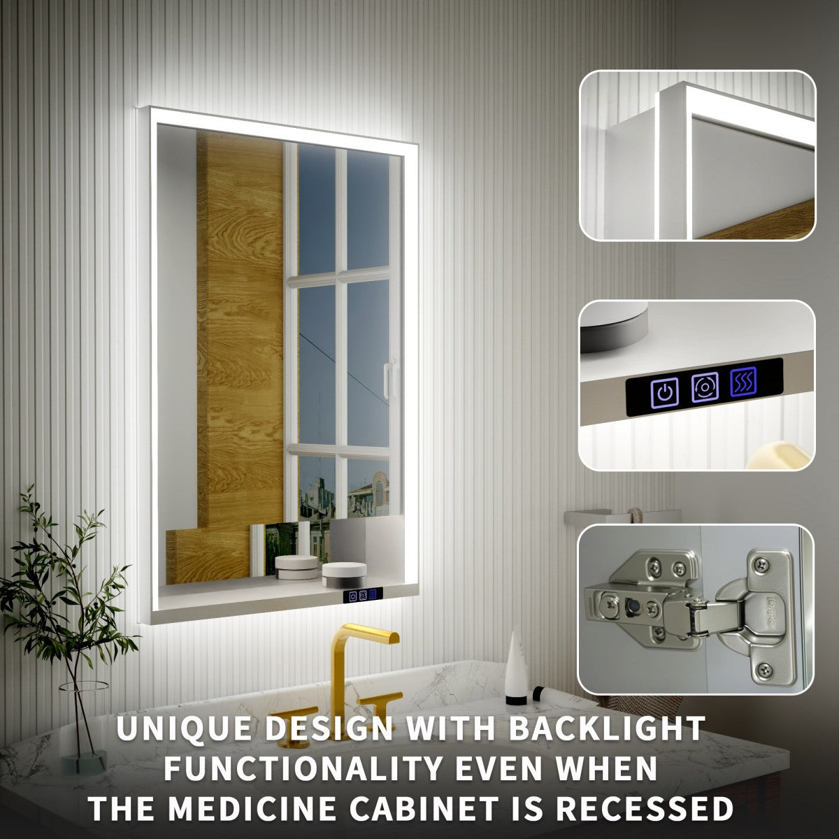 Ample 24" W x 36" H LED Lighted Chrome Bathroom Medicine Cabinet with Mirror and Shelves, Right Hinge for Recessed or Surface Mount