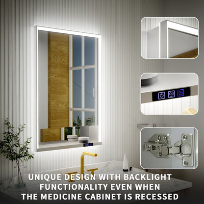 Ample 24" W x 36" H LED Lighted Chrome Bathroom Medicine Cabinet with Mirror and Shelves, Right Hinge for Recessed or Surface Mount